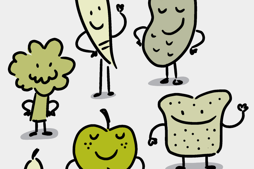 Illustration of anthropomorphized fruit, vegetables, bread, nuts and seeds.