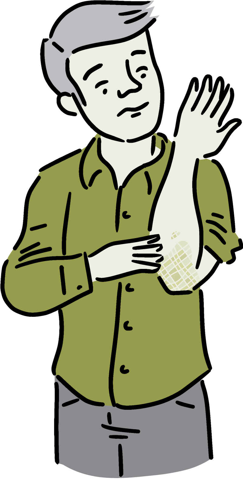 Illustration of a man noticing a scaly patch on his elbow.