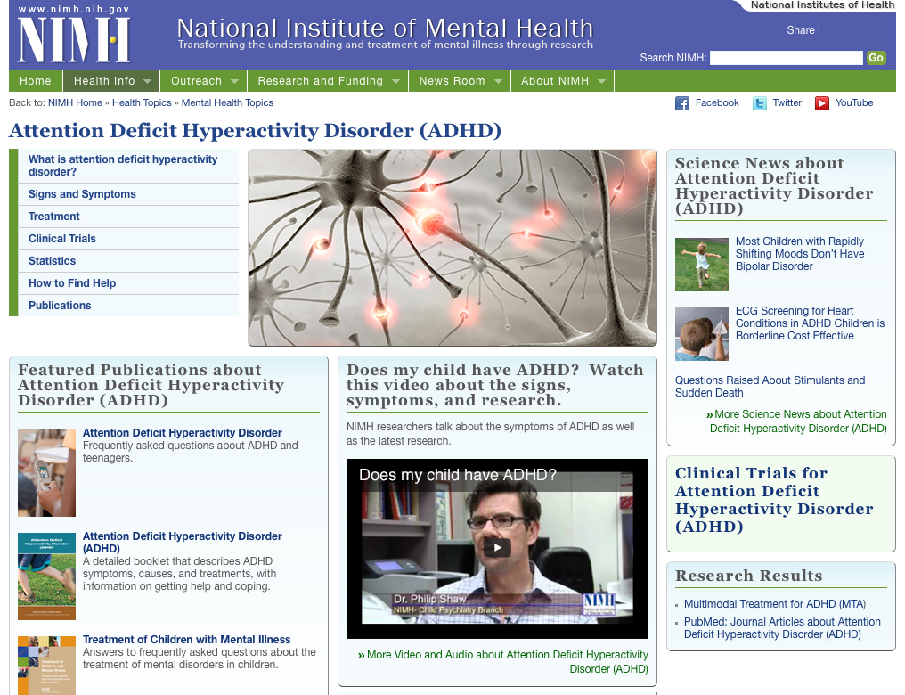 Screen capture of Attention Deficit Hyperactivity Disorder web site.