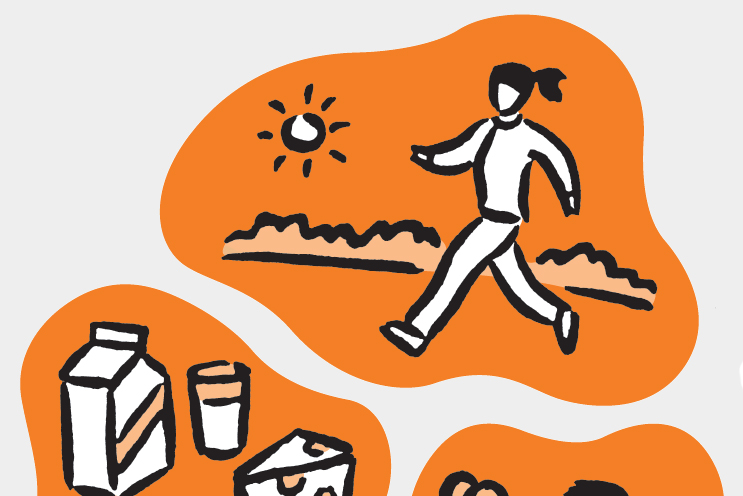 Illustration of woman walking in sunshine, calcium rich foods and a woman lifting weights.
