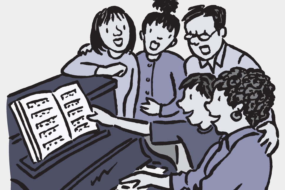 Illustration of a family singing around a piano.
