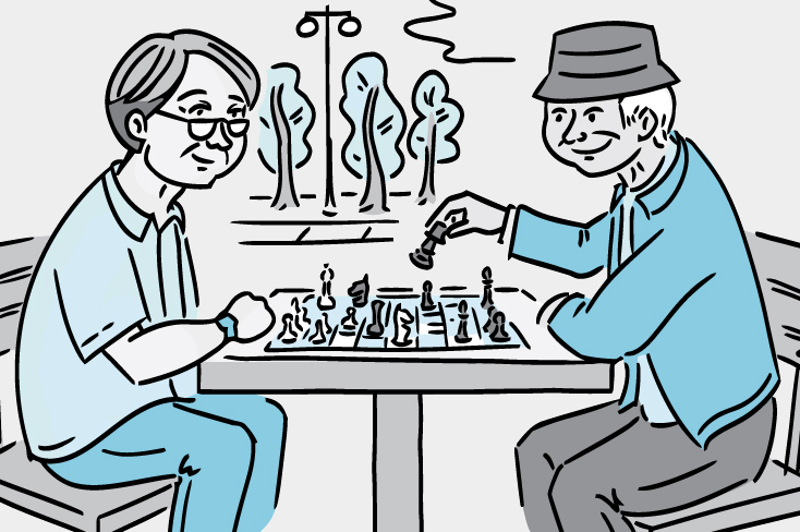 Illustration of two older men playing chess outdoors.