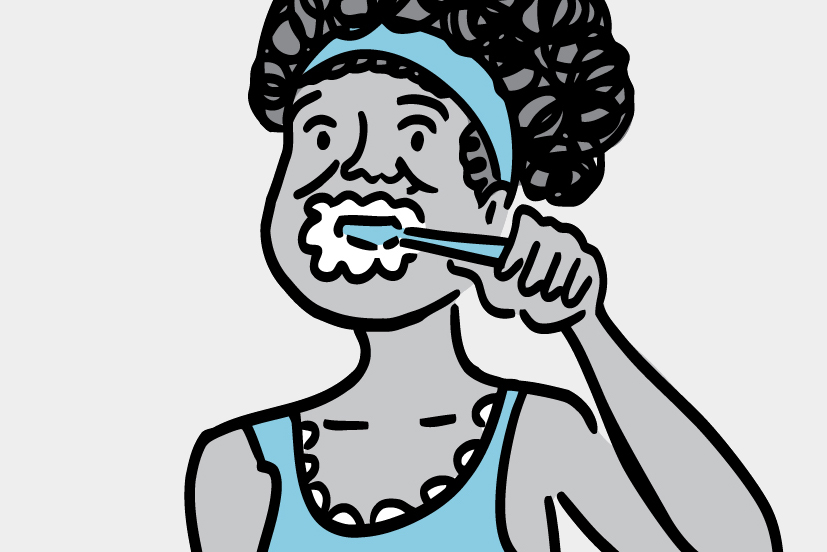 Illustration of woman brushing her teeth.