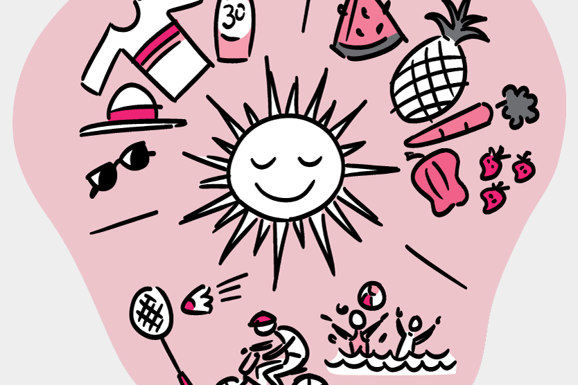 Illustration of sun surrounded by fresh produce, sun protection gear and people having fun outdoors.