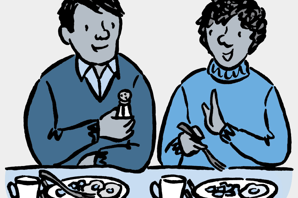 Illustration of person declining to take a salt shaker.