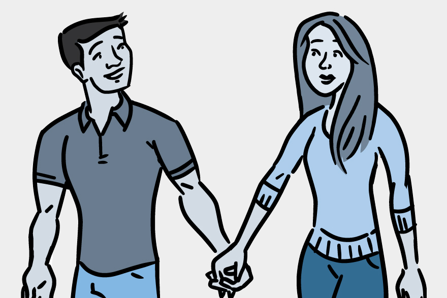 Illustration of a young man and woman holding hands and talking.