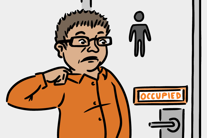 Illustration of a man anxiously waiting to use an “occupied” restroom.