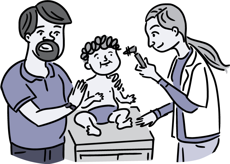 Illustration of a doctor examining a baby’s ear with an otoscope.