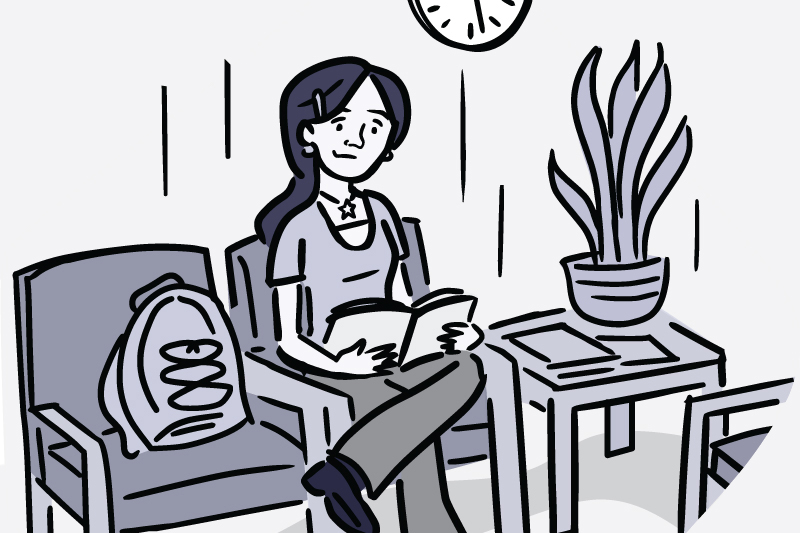 Illustration of a young woman alone in a waiting room.