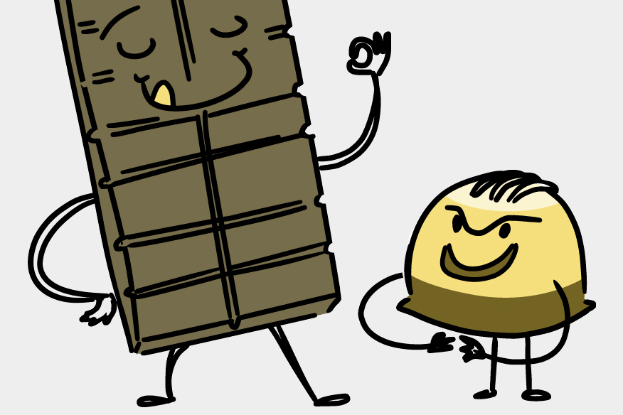 Illustration of a smiling dark chocolate bar and a sinister chocolate truffle.