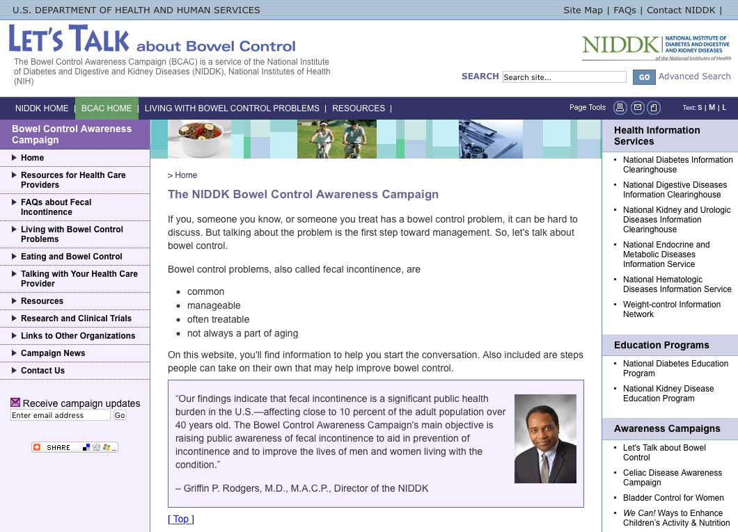 Screenshot of the Let's Talk About Bowel Control website.