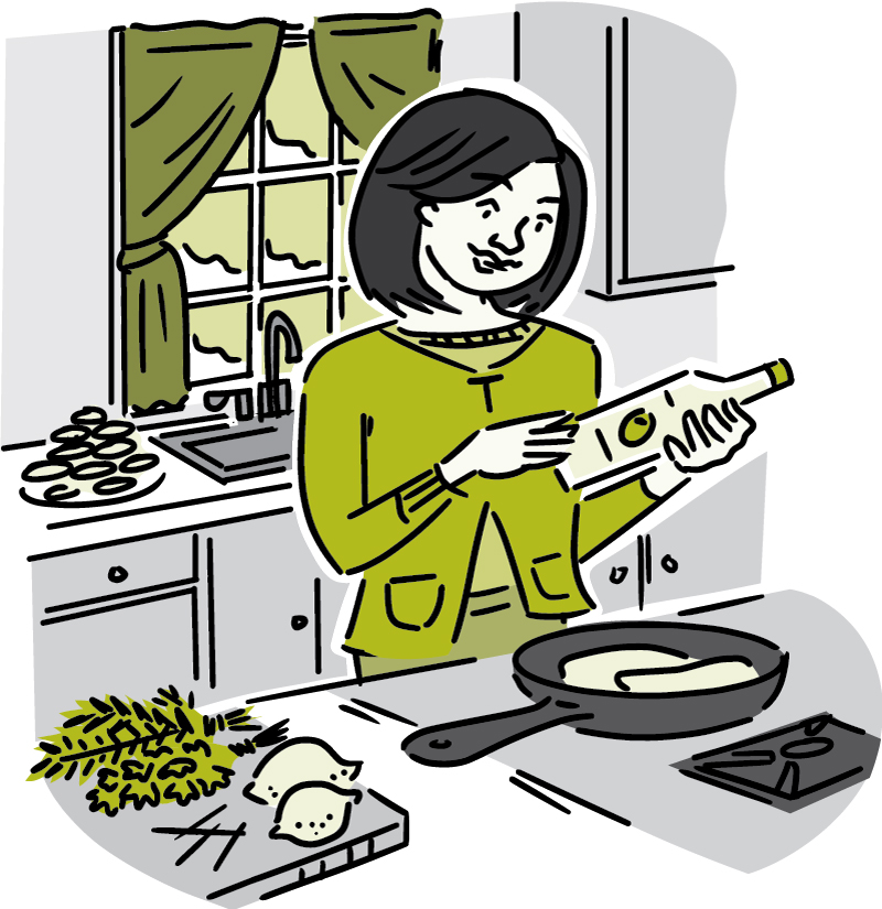  Illustration of a woman in a kitchen using “good” fat or low-fat foods.