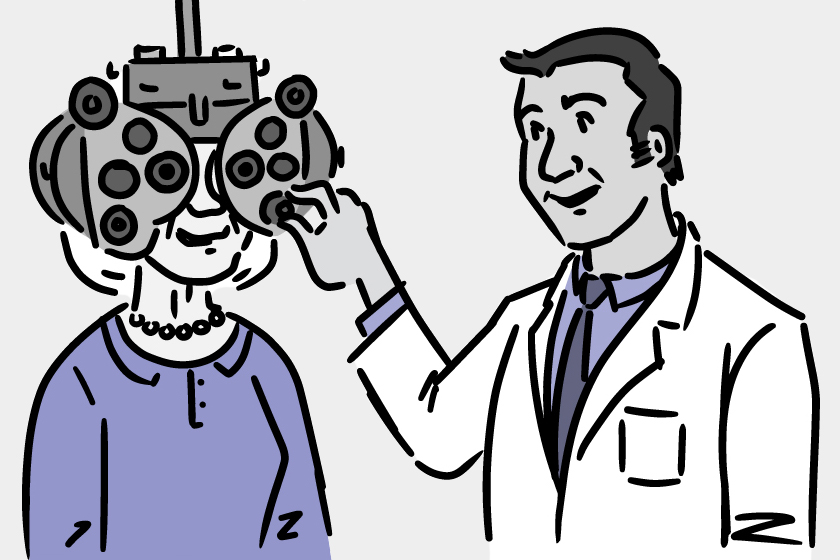 Illustration of an older woman getting an eye exam.