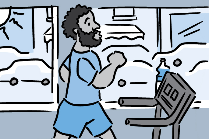 Illustration of a man running indoors on a treadmill, with traffic visible through window.