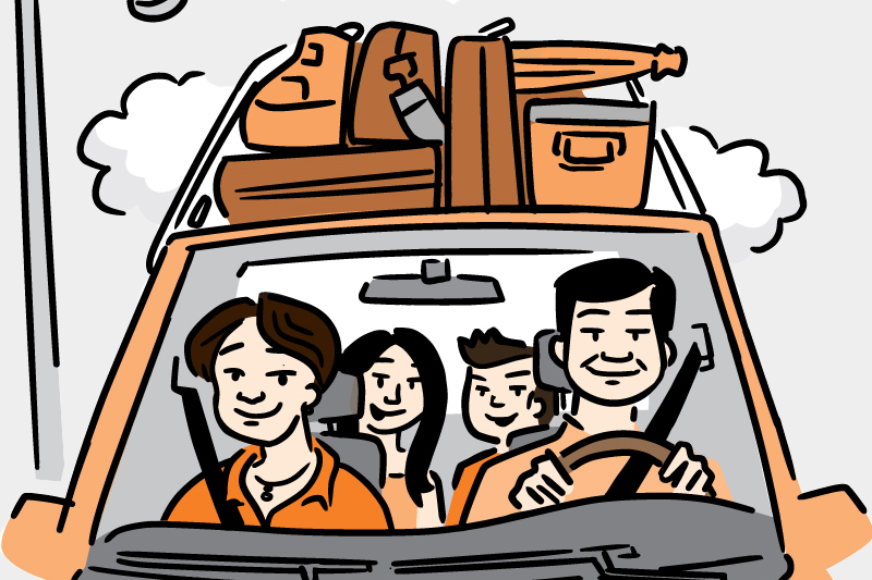 Illustration of a family traveling in a car loaded with luggage.