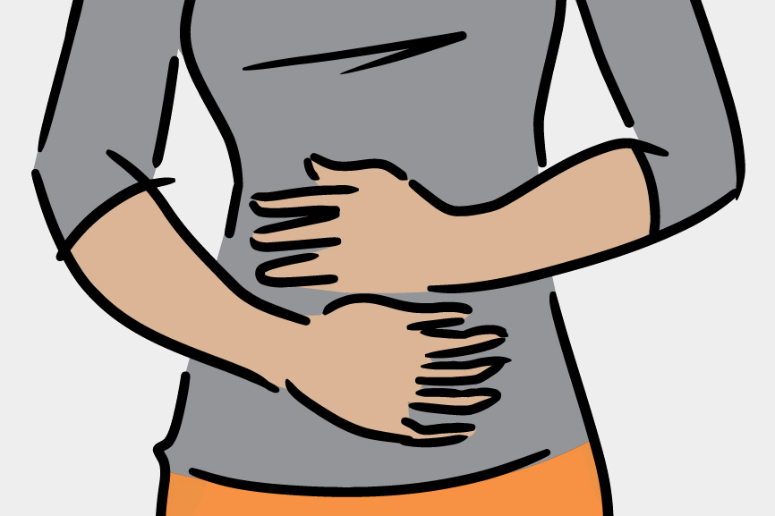Illustration of an uncomfortable-looking woman clutching her lower belly.