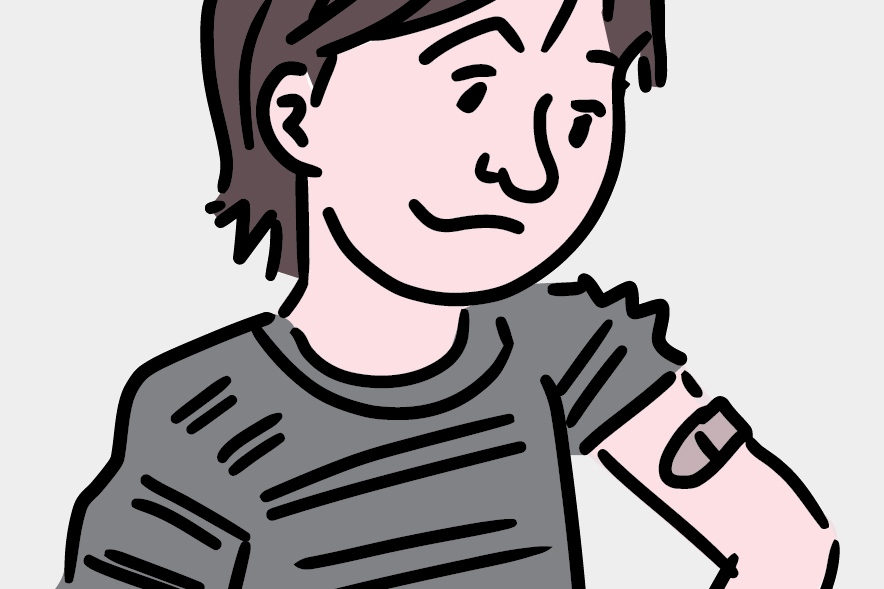Illustration of boy looking at a Band-Aid on his vaccinated arm.