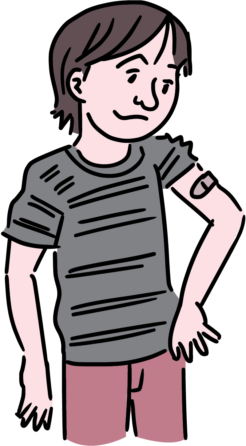 Illustration of boy looking at a Band-Aid on his vaccinated arm.
