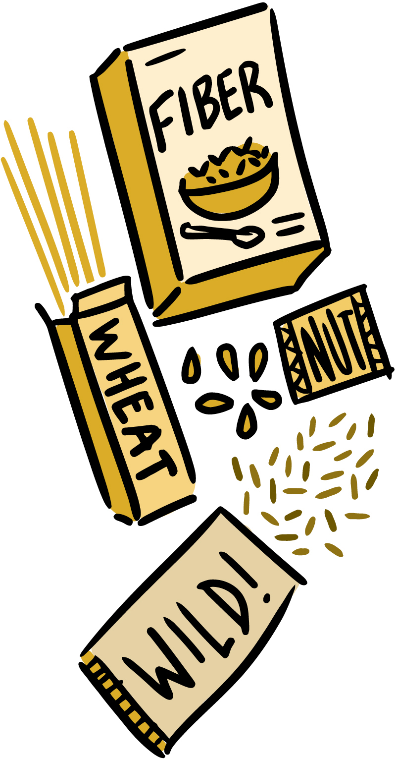 Illustration of a high-fiber cereal, wild rice, whole-wheat pasta and nuts.