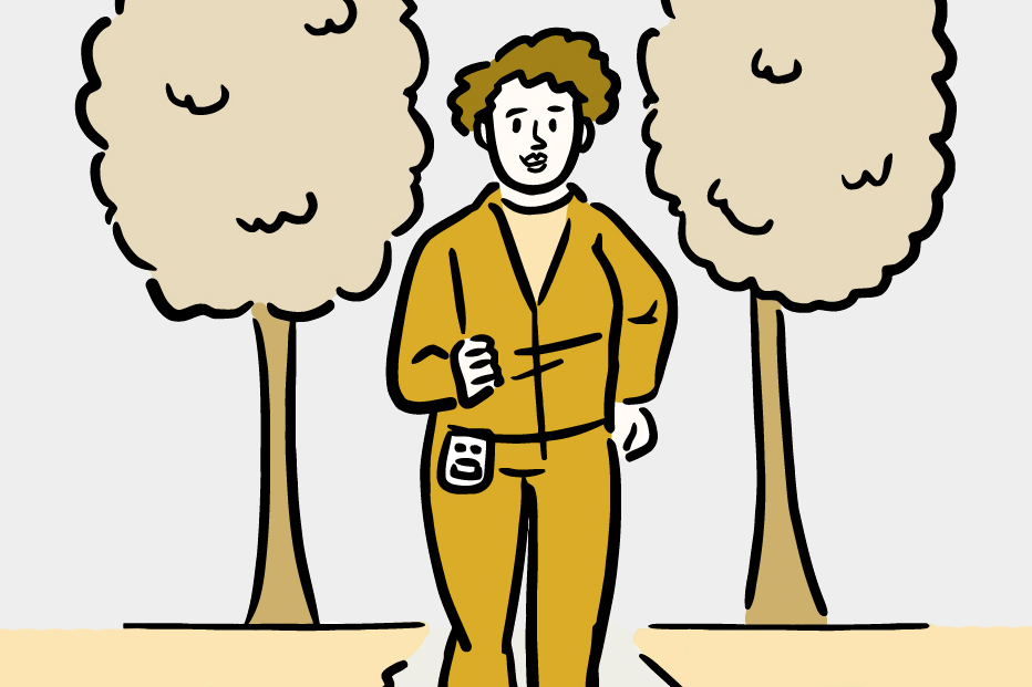 Illustration of a woman wearing a pedometer and walking along a trail.