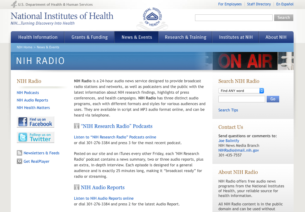 Screen capture of the homepage for NIH Radio