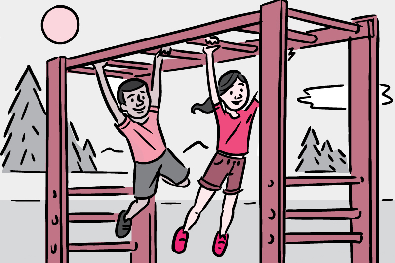 Illustration of 2 kids playing on the monkey bars.