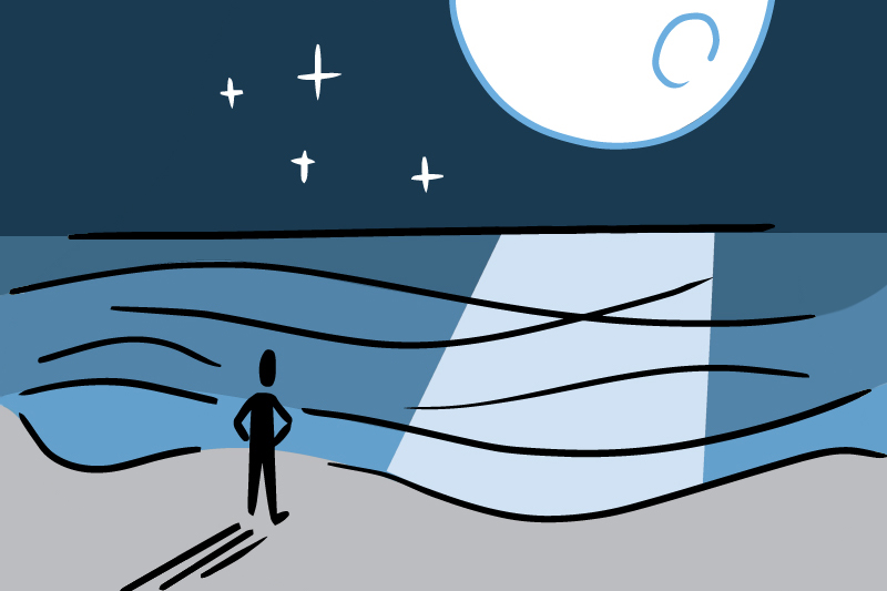 Illustration of a person standing on a moonlit beach.