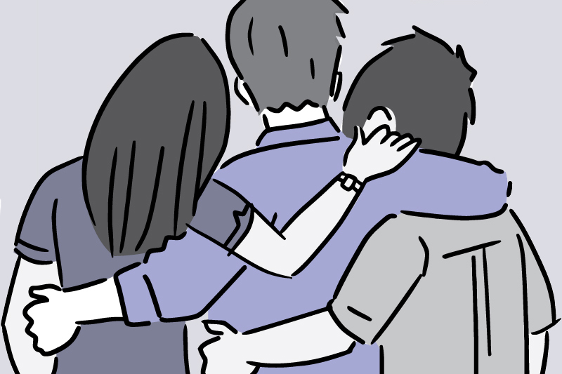 Illustration showing 3 people from behind, with their arms around each other.
