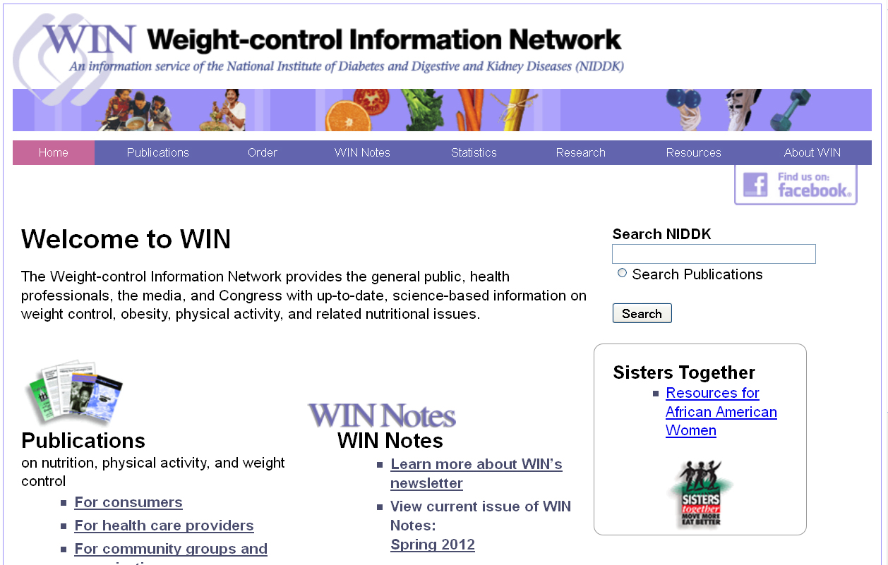 Screen capture of the homepage for the Weight-control Information Network.
