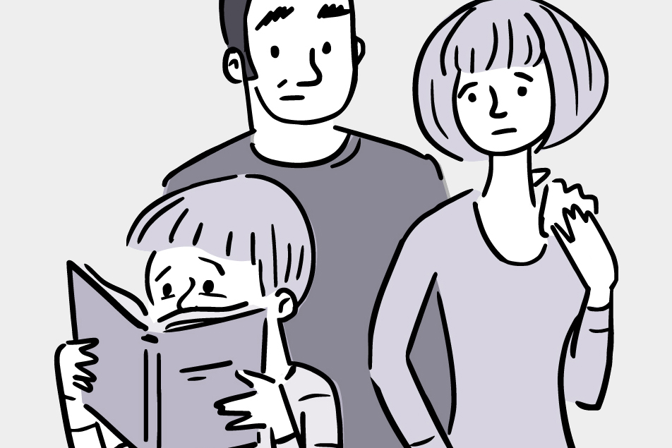 Illustration of worried parents watching a young child reading a book.