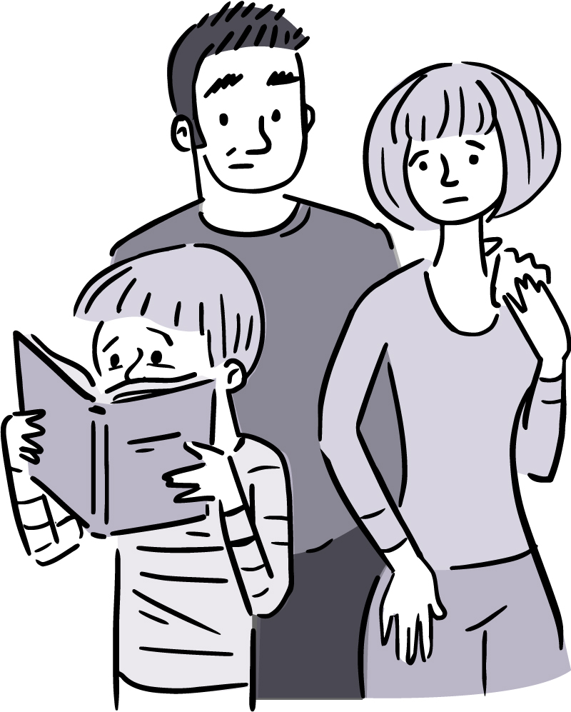 Illustration of worried parents watching a young child reading a book.