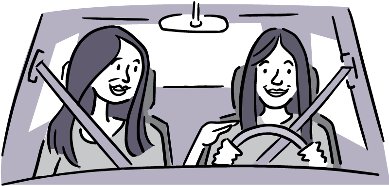 Illustration of a smiling teen driver with her mother in the passenger seat.