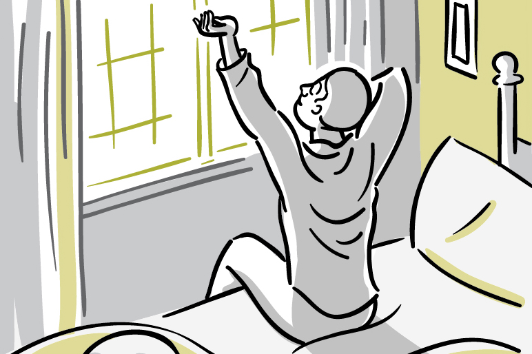 Illustration of a man waking up and stretching before a sun-filled window.