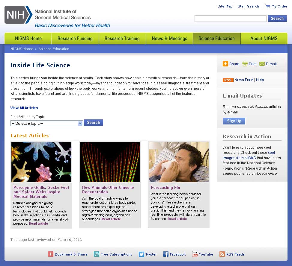 Screen capture of the homepage for Inside Life Science website.