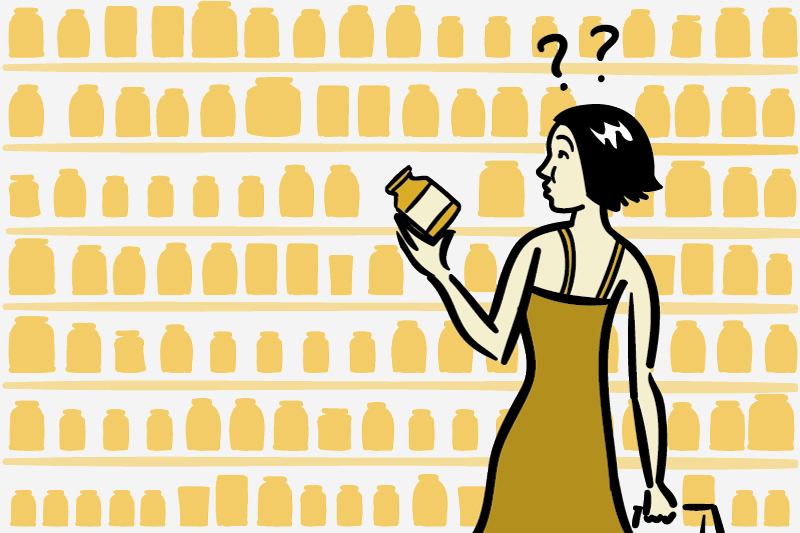 Illustration of a woman shopping for dietary supplements.