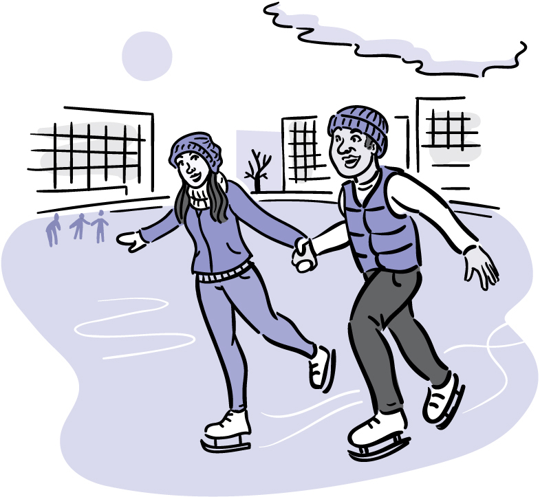 Illustration of a man and woman ice skating.