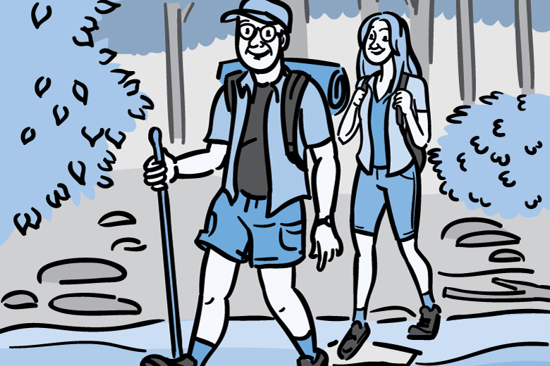 Illustration of an older couple hiking through the woods.