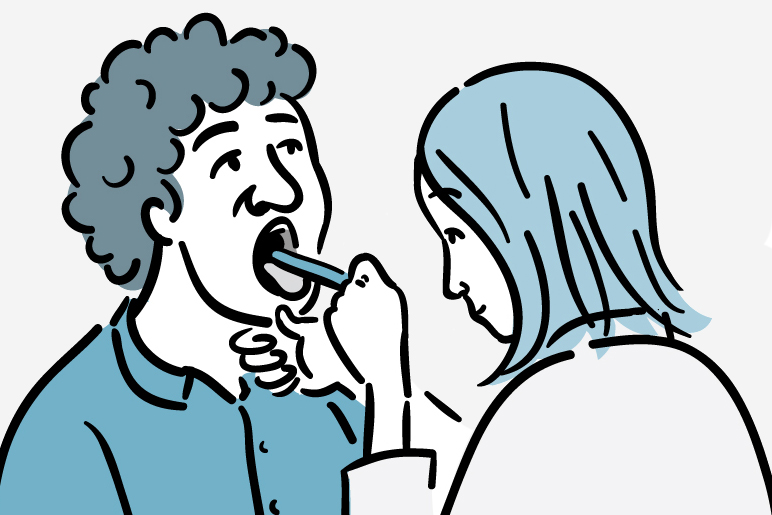 Illustration of a doctor examining the back of a patient’s throat.