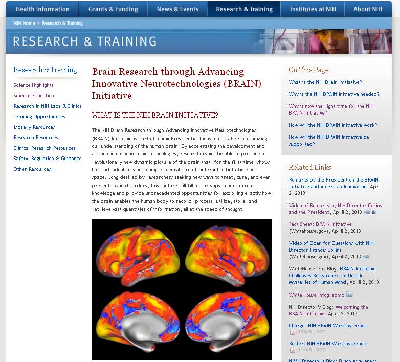 Screen capture of the homepage for the NIH BRAIN Initiative website.