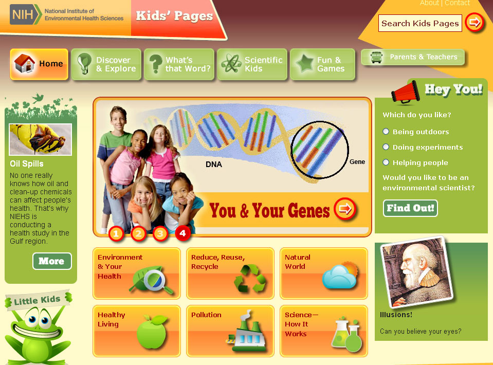 Screen capture of the homepage for the NIEHS Kids’ Pages website.