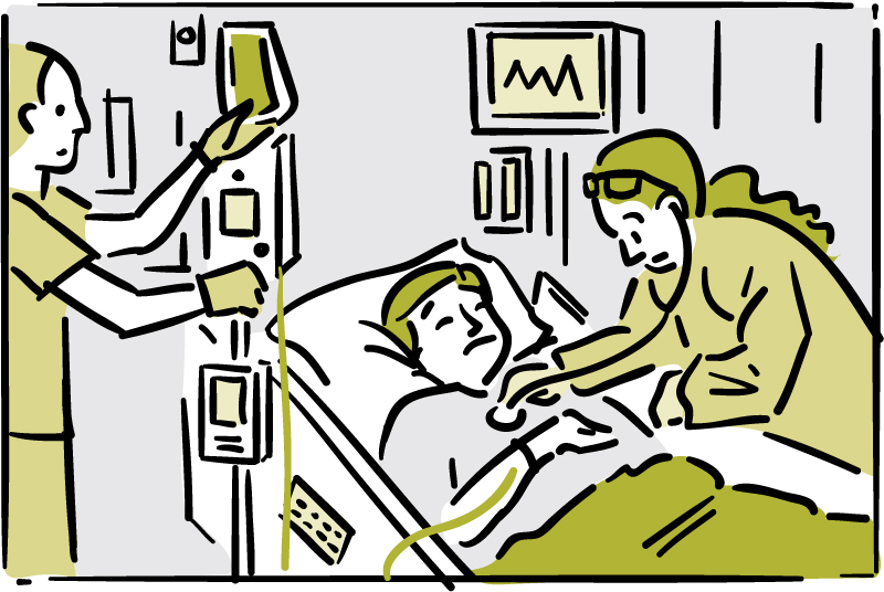 Illustration of a patient being treated in a hospital room.