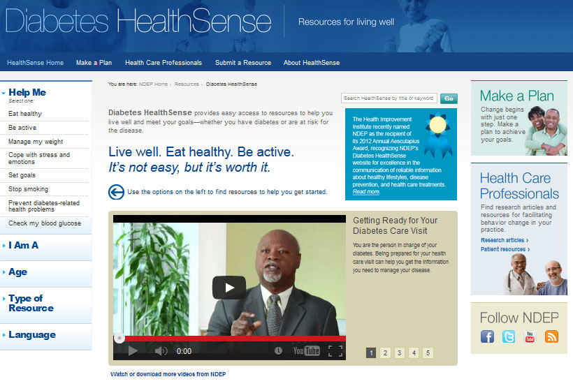Screen capture of the homepage for the Diabetes HealthSense website.
