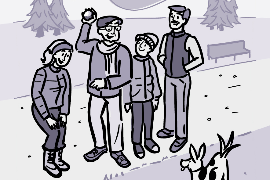 Illustration of an older man with his family and pet dog on a walking trail.
