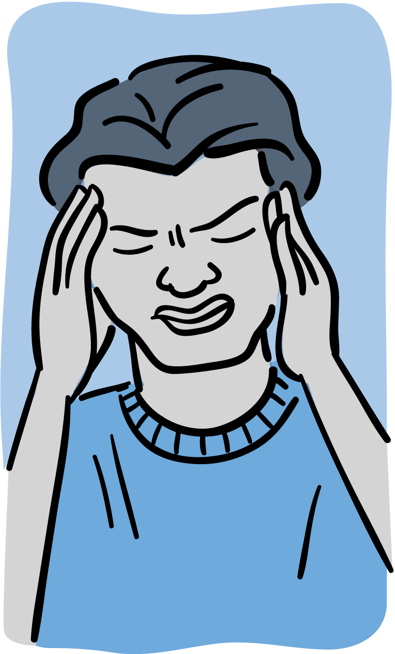 Illustration of a man with a pained expression holding his hands to his forehead.