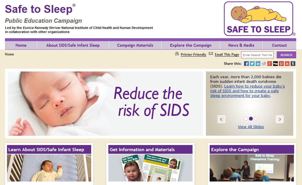 Screen capture of the homepage for the Safe to Sleep website.