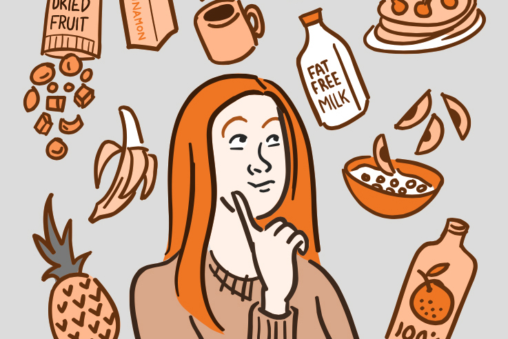 Illustration of a woman surrounded by healthy foods that don’t contain added sugar.