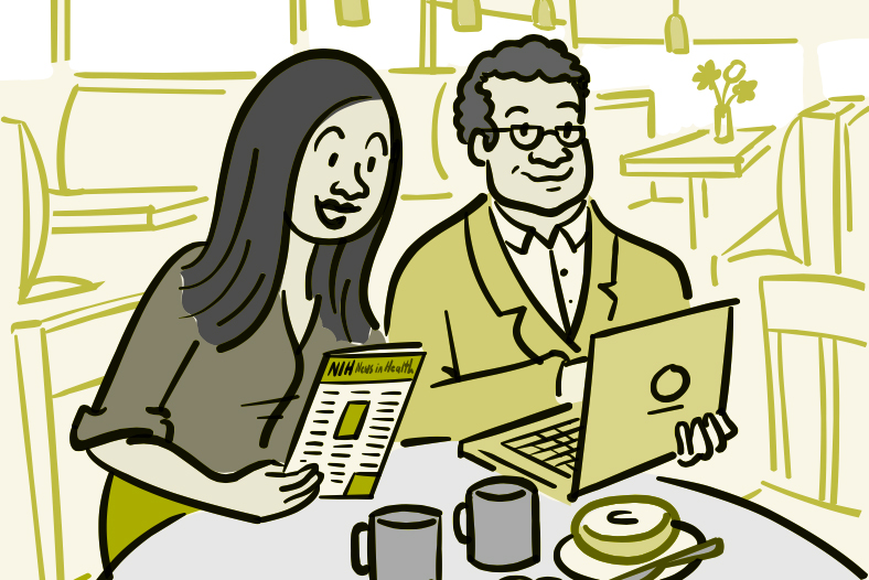Illustration of a man and a woman reading the NIH News in Health newsletter.