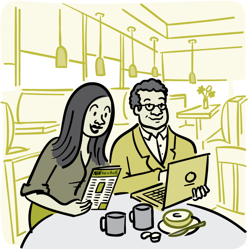 Illustration of a man and a woman reading the NIH News in Health newsletter.