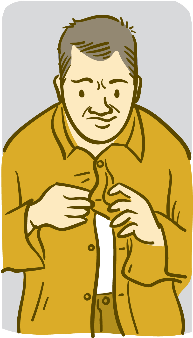 Illustration of a man having trouble buttoning his shirt.