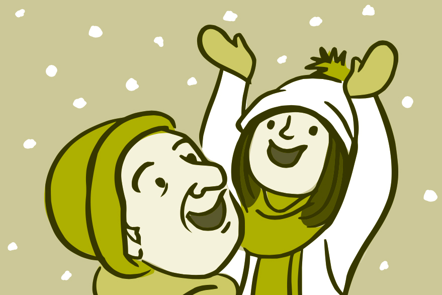 Illustration of a happy older person and child bundled up in wintry outerwear on a snowy day.